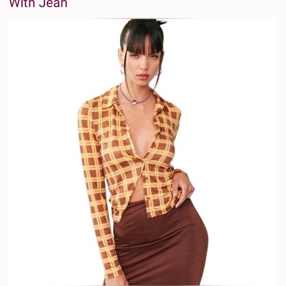 With Jean Bobbie Shirt Cher Plaid Print Brown Yellow Button Down Long Sleeve - Picture 1 of 3